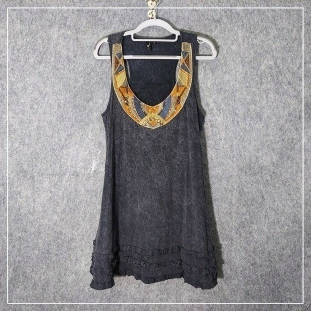 Awake Couture Dress Women L Gray Sequin Embroidered Acid Wash‎ Ruffle Sleeveless
